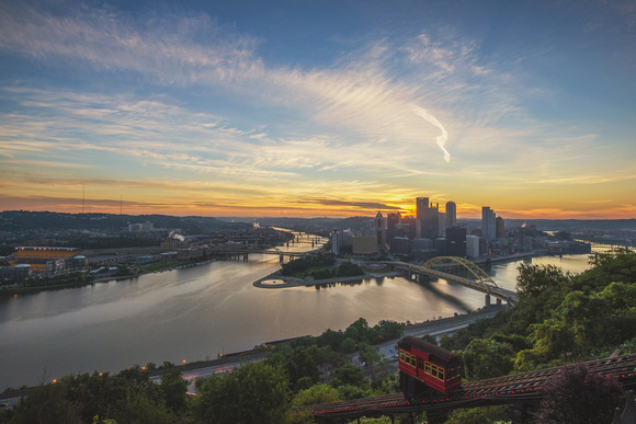 An incline climbs Mt. Washington in Pittsburgh during a beautiful sunrise