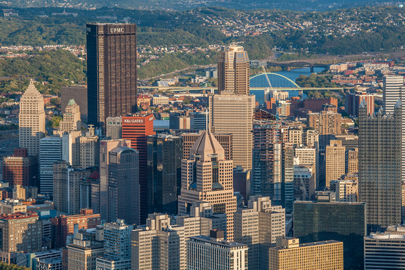 Aerial view of buildings clustered in downtown Pittsburgh
