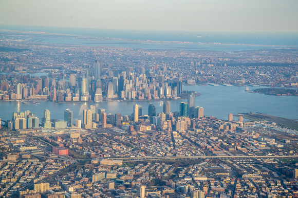 New York City skyline from an airplane window