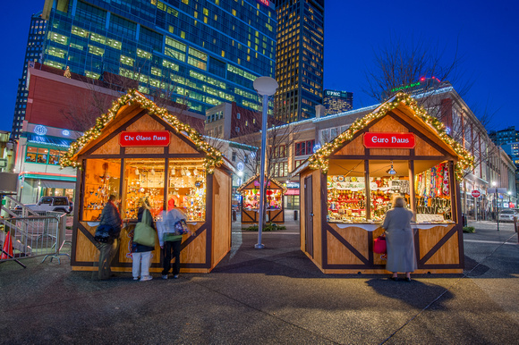 Cabins glows at the holiday market at Market Square at Christmas in Pittsburgh