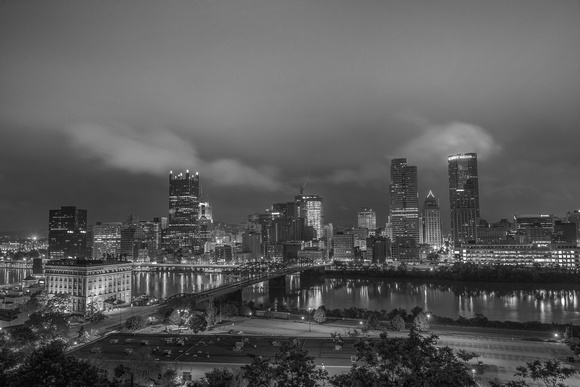 Black and white Pittsburgh skyline on a foggy morning