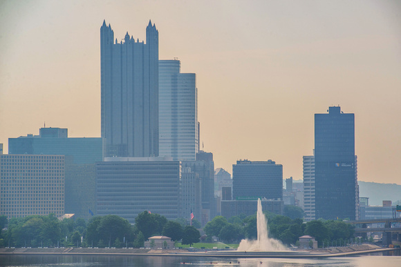 A hazy view of the fountain at Point State Park in Pittsburgh
