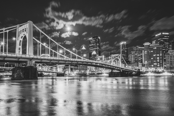 Black and white view of the full moon over Pittsburgh