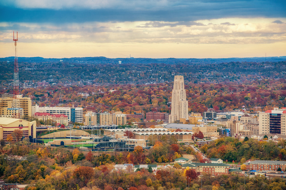 The Cathedral of Learning in fall from the roof of the Steel Building HDR