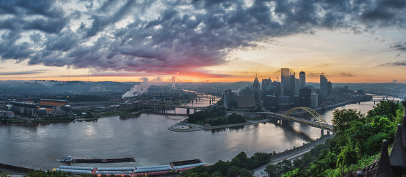 A panorama of a beautiful sunrise in Pittsburgh