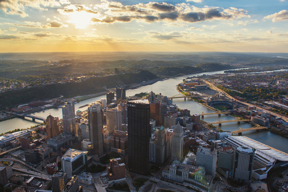 An aerial view of the Golden Triangle in Pittsburgh at sunset