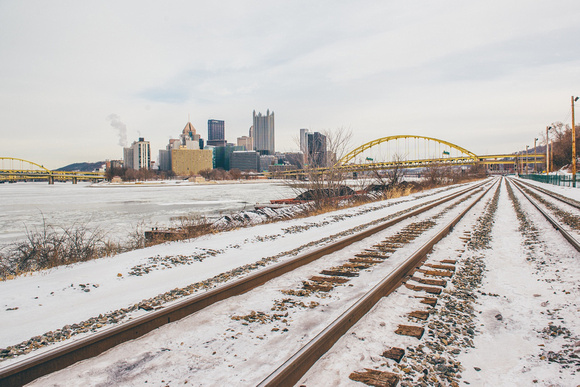 Snow covered railroad tracks in Pittsburgh