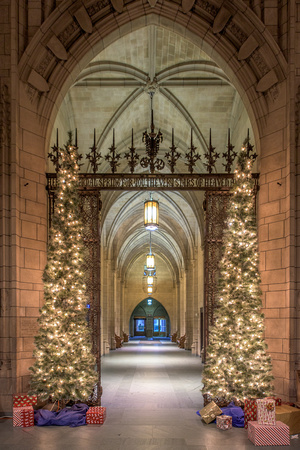 Festive Christmas decorations inside the Cathedral of Learning