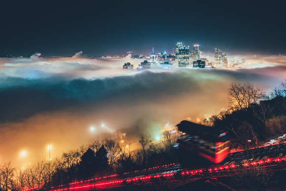 Incline in the fog at night in Pittsburgh