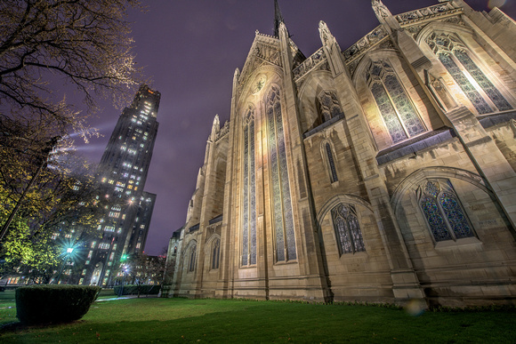 Heinz Chapel and the Cathedral of Learning on a rainy night in Pittsburgh