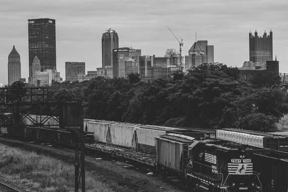 Trains and the Pittsburgh skyline in B&W