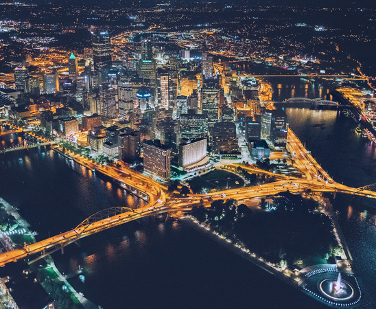 Pittsburgh shines at night in this aerial view