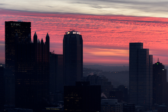 Silhouettes of Pittsburgh at sunrise