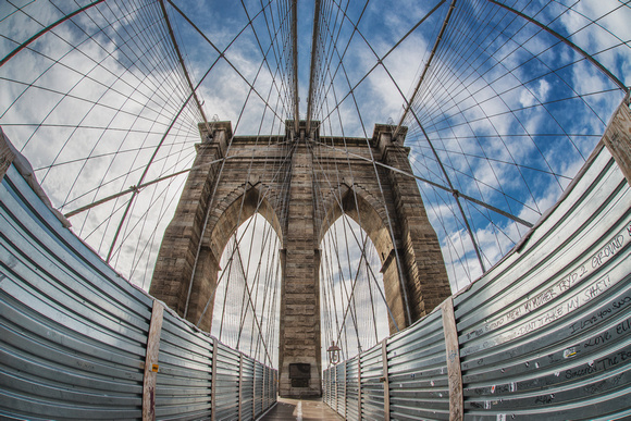 Fisheye view of the Brooklyn Bridge in New York City HDR