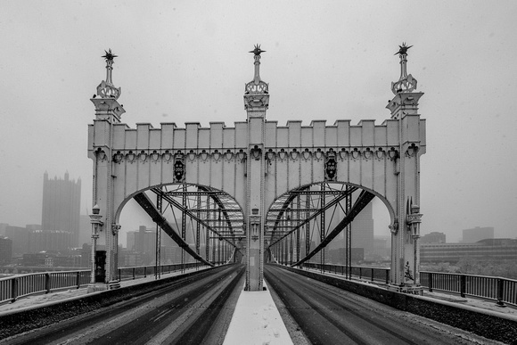 The Smithfield St. Bridges is covered in snow during a winter squall in Pittsburgh