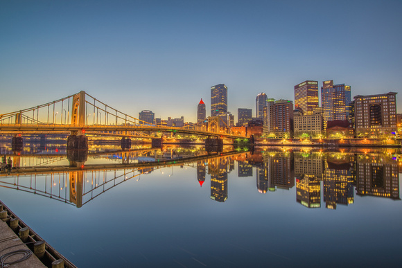 Morning blue hour reflections of the Andy Warhol Bridge and the Pittsburgh skyline HDR