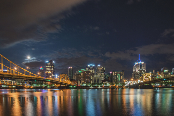 Wide angle view of Pittsburgh and the Supermoon