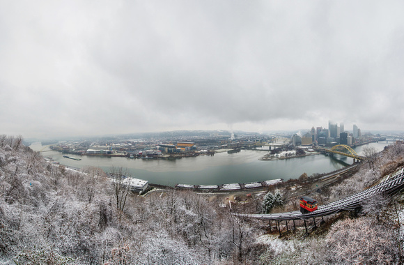 Panorama of the Pittsburgh skyline in the snow from Mt. Washington