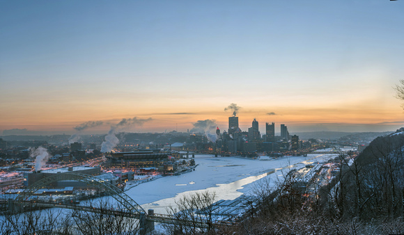 Panorama from the West End Overlook on a snowy morning in Pittsburgh