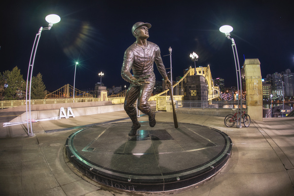 The Roberto Clemente Statue outside of PNC Park at night
