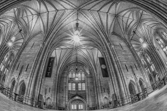 A fisheye view from inside the Cathedral of Learning B&W