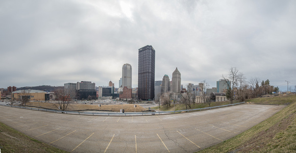 A panorama from above where the Civic Arena used to be in Pittsburgh