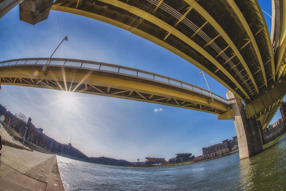 The sun shines through the Ft. Duquesne Bridge in Pittsburgh