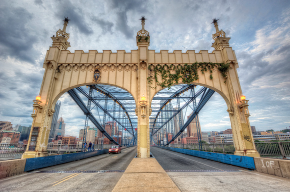 A view of the Smithfield Street Bridge on a cloudy evening in Pittsburgh