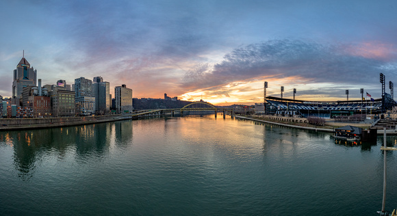 Panorama of a beautiful sunset in Pittsburgh over the Allegheny River