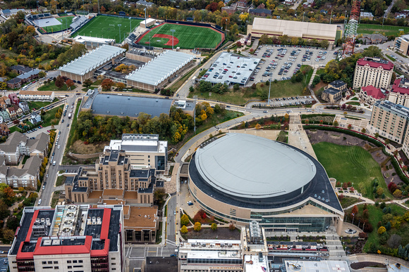 Aerial view of the Petersen Events Center and the Fitzgerald Fieldhouse