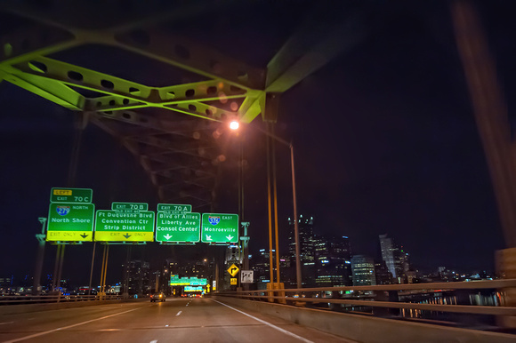 Pittsburgh skyline at night through the Ft. Pitt Tunnels