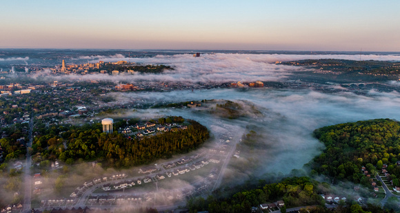 A foggy morning aerial in Pittsburgh from above Lawrenceville