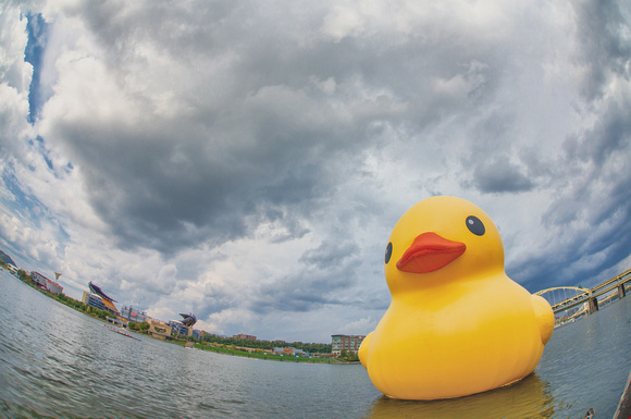 A fisheye view of the Giant Rubber Duck on the Allegheny River in Pittsburgh HDR