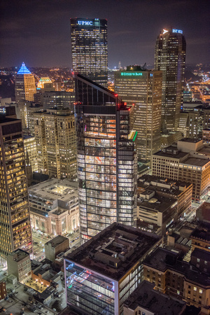 The new PNC Tower glows at night in PIttsburgh