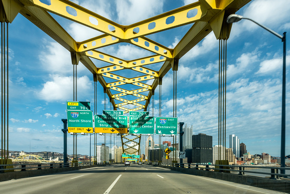 The Ft. Pitt Bridge leads right into Pittsburgh