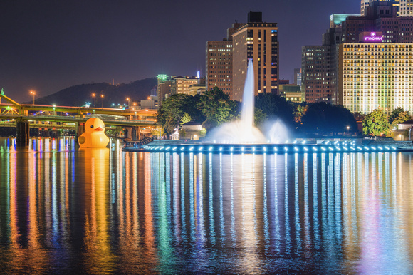 The fountain and the giant rubber duck in Pittsburgh at night HDR