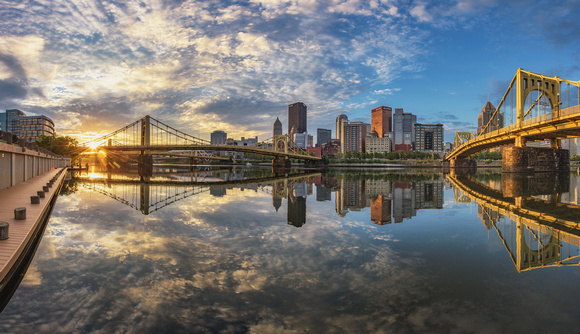 Panorama of a beautiful sunrise over Pittsburgh from the North Shore