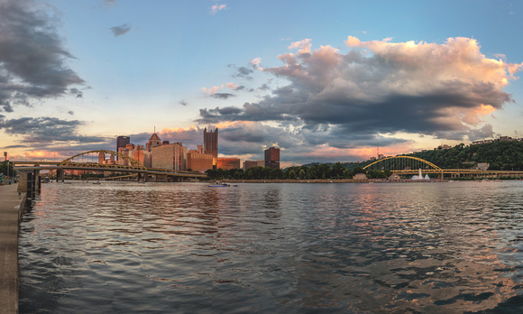 Panorama of the Pittsburgh skyline at dusk from the North Shore during the Regatta