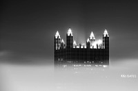 PPG Place rises above the fog in B&W