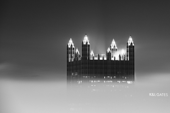 PPG Place rises above the fog in B&W
