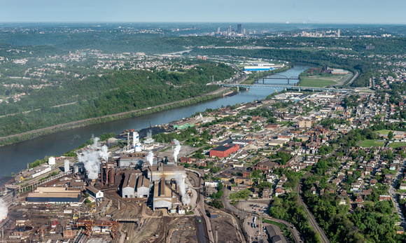 An aerial view of Braddock and the Pittsburgh skyline