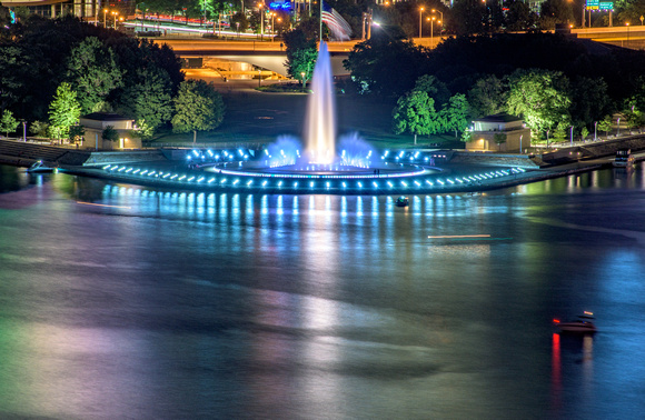 The fountain in Pittsburgh glows at night