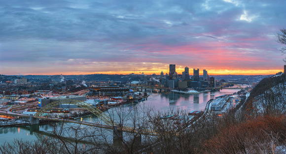 A colorful sunrise in Pittsburgh from the West End Overlook