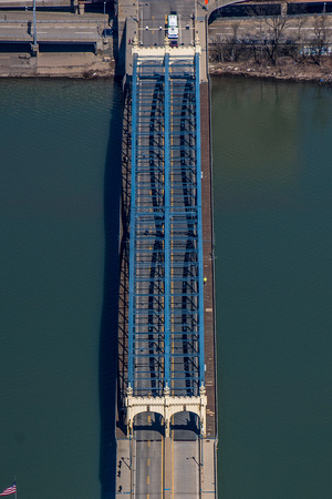An aerial view of the Smithfield St. Bridge in Pittsburgh