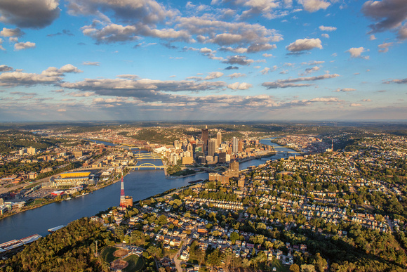 Aerial view of downtown Pittsburgh from over the North Side