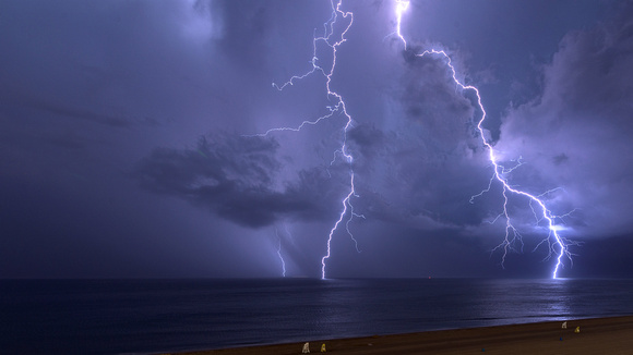 Two lightning bolts strike the Atlantic Ocean in Ocean City, MD