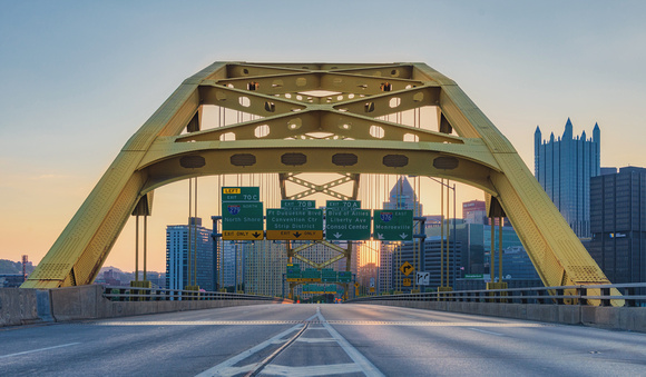 Pittsburgh skyline from the Ft. Pitt Bridge at dawn