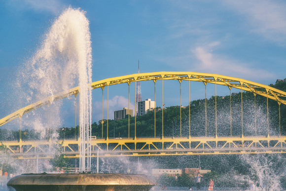 The fountain at Point State Park in Pittsburgh and the Ft. Pitt Bridge