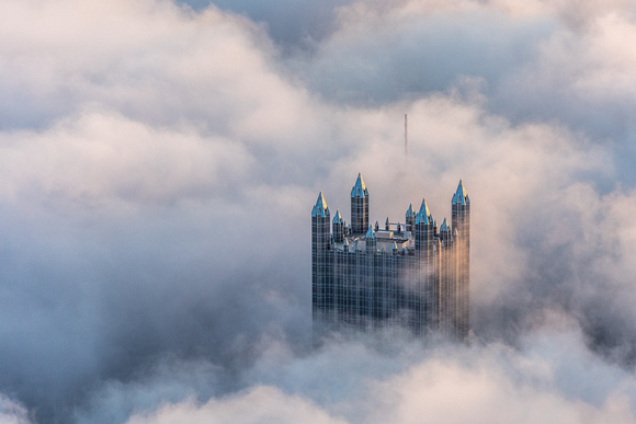 PPG Place towers above the fog in Pittsburgh
