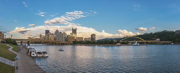 Panorama of the Pittsburgh skyline at dusk from the North Shore